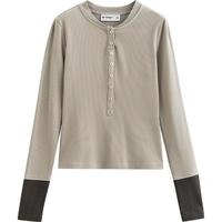 初语撞色长袖T恤女2024年秋冬抑菌发热暖皮衣打底衫 灰褐色 S