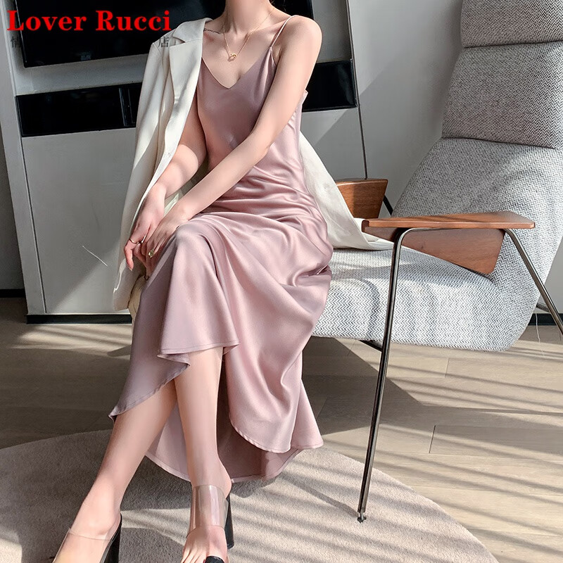 LOVER RUCCI三醋酸真丝法式吊带连衣裙女设计感小众夏内搭a字长裙缎面吊带裙