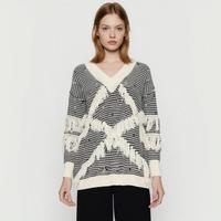 女士宽松V领拼色条纹流苏设计感百搭毛衣