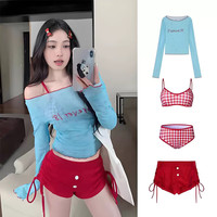 九寸阳光 泳衣女四件套新款多巴胺分体比基尼纯欲风长袖罩衫温泉度假游泳 红蓝