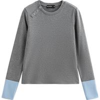 初语复古撞色拼接长袖t恤女2025早春设计感打底衫外穿上衣 黑灰色 S