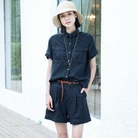 夏装文艺修身百搭亚麻女式套装 上衣+裤子