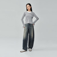 李 Lee25秋冬新修身版圆领绑带微喇袖口设计女罗纹针织长袖毛衣开衫 灰色 M