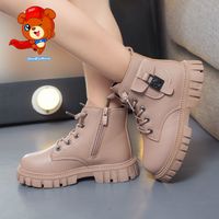 点赞熊 儿童鞋男童新款马丁靴小孩子加绒保暖英伦风冬天的鞋子软皮宝宝靴