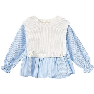 笛莎（DEESHA）童装女童长袖衬衫2025年春季学院风假两件毛织拼接衬衫百搭 米白 100