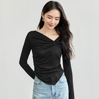 尚都比拉简约通勤设计感针织衫女秋冬不规则斜边V领修身高弹打底衫