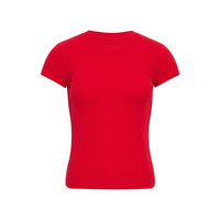 oneup 高级气质修身显瘦T恤夏季正肩小个子短袖女新款蓝红色上衣薄