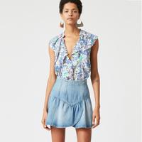 伊莎贝尔·玛兰 ISABEL MARANT 女式含桑蚕丝异域复古奶奶风撞色荷叶边V领连肩短袖衬衫