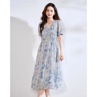 碎花雪纺中长款连衣裙子女士夏季时尚收腰显瘦短袖女气质V领裙子