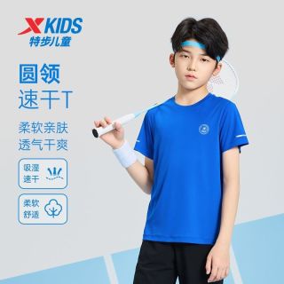 XTEP特步童装夏季男童短袖中大童圆领纯色运动圆标女短袖针织衫