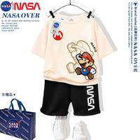 NASAOVER NASA联名超级马里奥T恤套装中大童新款纯棉短袖短裤套装儿童夏装