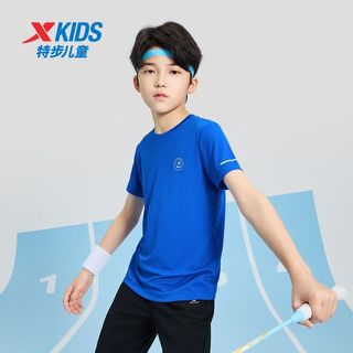 XTEP特步童装夏季男童短袖中大童圆领纯色运动圆标女短袖针织衫