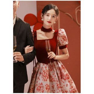 兰伶坊敬酒服新娘平时可穿婚纱敬酒服订婚衣服女大码胖200斤玫瑰骑士 酒红色长款 XS
