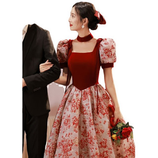 兰伶坊敬酒服新娘平时可穿婚纱敬酒服订婚衣服女大码胖200斤玫瑰骑士 酒红色长款 XS