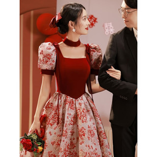 兰伶坊敬酒服新娘平时可穿婚纱敬酒服订婚衣服女大码胖200斤玫瑰骑士 酒红色长款 XS