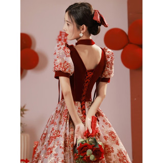 兰伶坊敬酒服新娘平时可穿婚纱敬酒服订婚衣服女大码胖200斤玫瑰骑士 酒红色长款 XS