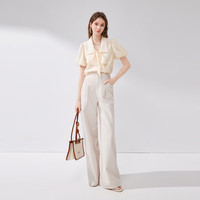 秋水伊人秋水伊人飘带领复古泡泡袖衬衫年夏季女装气质甜美上衣 米黄 XL