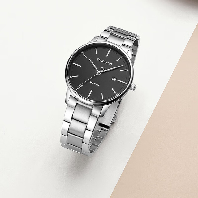 天王 男士时尚石英钢带防水国表 黑色31193