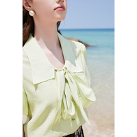 秋水伊人秋水伊人飘带领复古泡泡袖衬衫年夏季女装气质甜美上衣 果绿 M