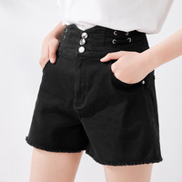 秋水伊人时髦经典黑色牛仔短裤夏季辣妹风高腰显瘦阔腿裤 黑色 L