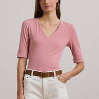 Ralph Lauren Petites Stretch Cotton Elbow Sleeve V Neck T Shirt