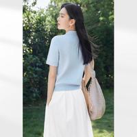 DUIBAI 2025夏装蓝色polo翻领女式短袖针织衫气质休闲正肩上衣