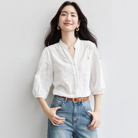 尚都比拉100%棉V领镂空绣花松紧七分袖衬衫女夏宽松显瘦衬衣优雅上衣