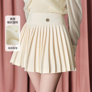 糖力俏皮减龄 秋季学院风百褶半身裙短裙女 杏色 常规 L