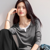 伊芙丽女装舒适百搭圆领假两件针织长袖T恤女士上衣2025夏装 云烟灰 XL 130-145斤