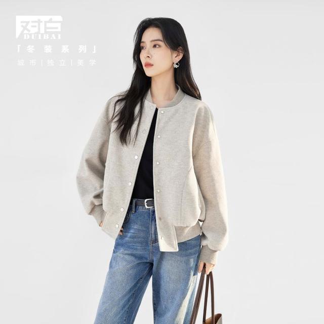 DUIBAI 对白 美式休闲棒球服毛呢短外套 燕麦色