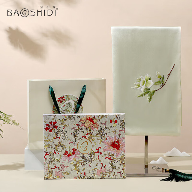 宝石蝶 BAOSHIDI 手工苏绣真丝丝巾 围巾披肩母亲节 礼盒装 栀子花开