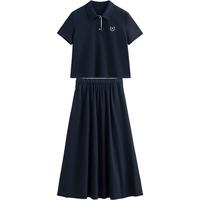 初语美式复古学院风polo领上衣半身裙两件套女2025夏季休闲套装 藏青 S