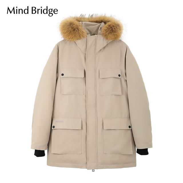 88VIP：Mind Bridge MB MindBridge2024连帽羽绒服男女同款中长款冬毛领工装夹克