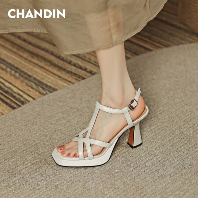 浅町 CHANDIN 女士防水台凉鞋 羊皮粗跟露趾高跟鞋