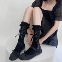 依迪筱 女士薄款中筒镂空蝴蝶结袜 4325