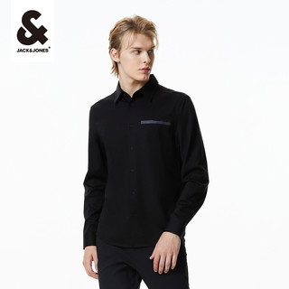 杰克琼斯outlets秋季简约基础衣服反光字母天丝长袖衬衫上衣男装 E40黑色 170/92A/S
