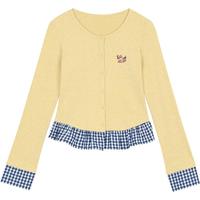 妖精的口袋「调皮的格纹」格子拼接长袖针织衫女2025秋季新款高级感刺绣上衣