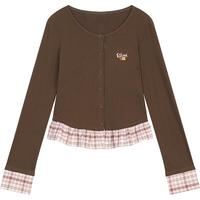 妖精的口袋「调皮的格纹」格子拼接长袖针织衫女2025秋季高级感刺绣上衣 格纹咖色 S