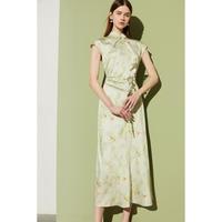 新中式绿色改良旗袍立领短袖缎面国风连衣裙裙子女