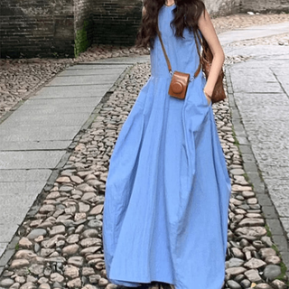 绘诗慧连衣裙裙子女夏季2025长裙小个子显瘦吊带裙休闲宽松韩版A字 法式度假风背心连衣裙【蓝色】 L 【105-120斤】