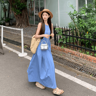 绘诗慧连衣裙裙子女夏季2025长裙小个子显瘦吊带裙休闲宽松韩版A字 法式度假风背心连衣裙【蓝色】 L 【105-120斤】