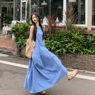 绘诗慧连衣裙裙子女夏季2025长裙小个子显瘦吊带裙休闲宽松韩版A字 法式度假风背心连衣裙【蓝色】 L 【105-120斤】