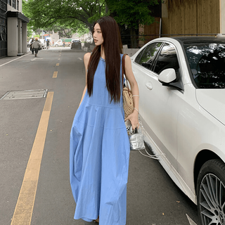 绘诗慧连衣裙裙子女夏季2025长裙小个子显瘦吊带裙休闲宽松韩版A字 法式度假风背心连衣裙【蓝色】 L 【105-120斤】