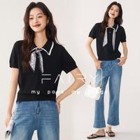 【Fairy系列】时尚气质撞色翻领针织衫宽松软糯短袖可拆丝巾