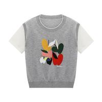 Basic House/百家好拼接撞色袖设计感夏季新款假两件短袖针织衫女