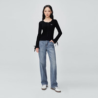 Lee25秋冬新修身版圆领绑带微喇袖口设计女罗纹针织长袖毛衣开衫 黑色 XS