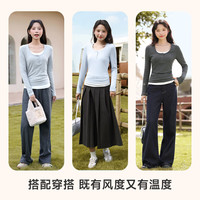 班尼路BALENO假两件长袖打底衫T恤女2025年早秋女装软糯亲肤时尚休闲衣服 深麻灰#纯色 XL