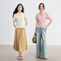 尚都比拉收褶斜门襟短袖POLO衫女夏季修身显瘦衬衫贝壳扣肌理感衬衣 杏色 XL