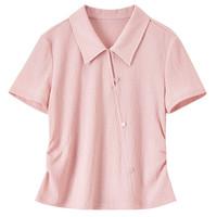 尚都比拉收褶斜门襟短袖POLO衫女夏季修身显瘦衬衫贝壳扣肌理感衬衣 粉色 M