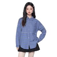 舒适纯棉蓝白条纹衬衫女春秋内搭打底设计感小众宽松休闲叠穿衬衣